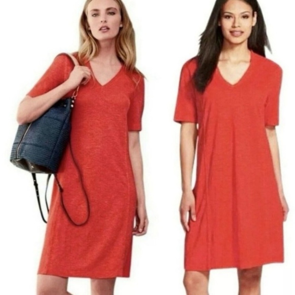 Eileen Fisher Orange V-Neck Hemp Cotton Short‎ Sleeve Dress Size Medium